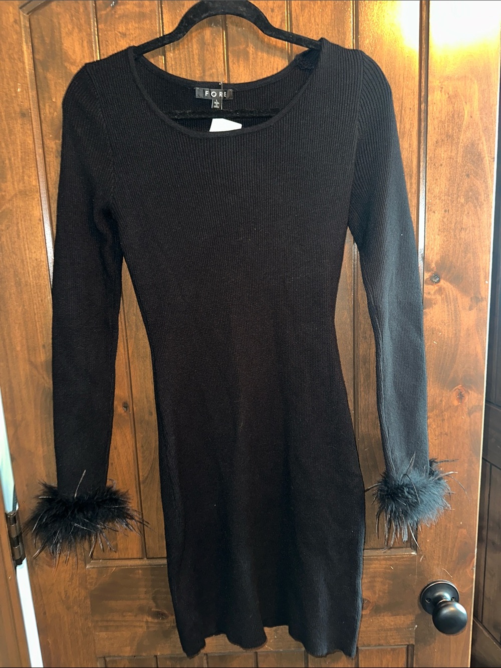 FORE Black Long-Sleeve Feather Cuff Knit Dress